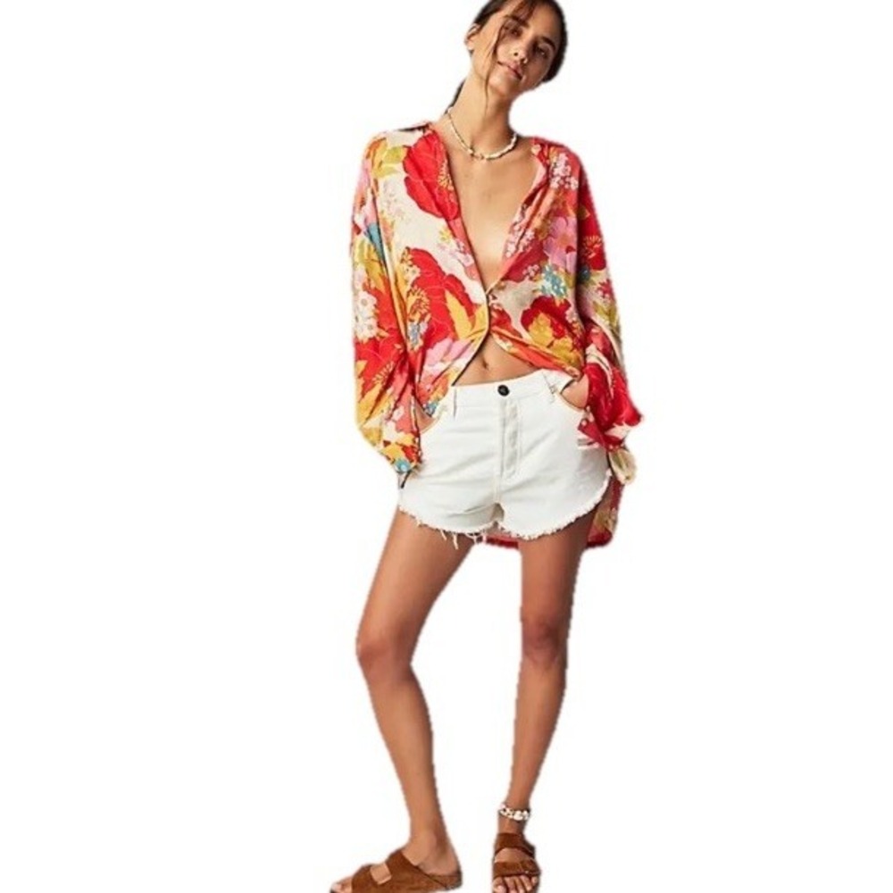 SPELL Tyler Floral Shirt Chili Floral Boho Oversized Blouse L  Free People